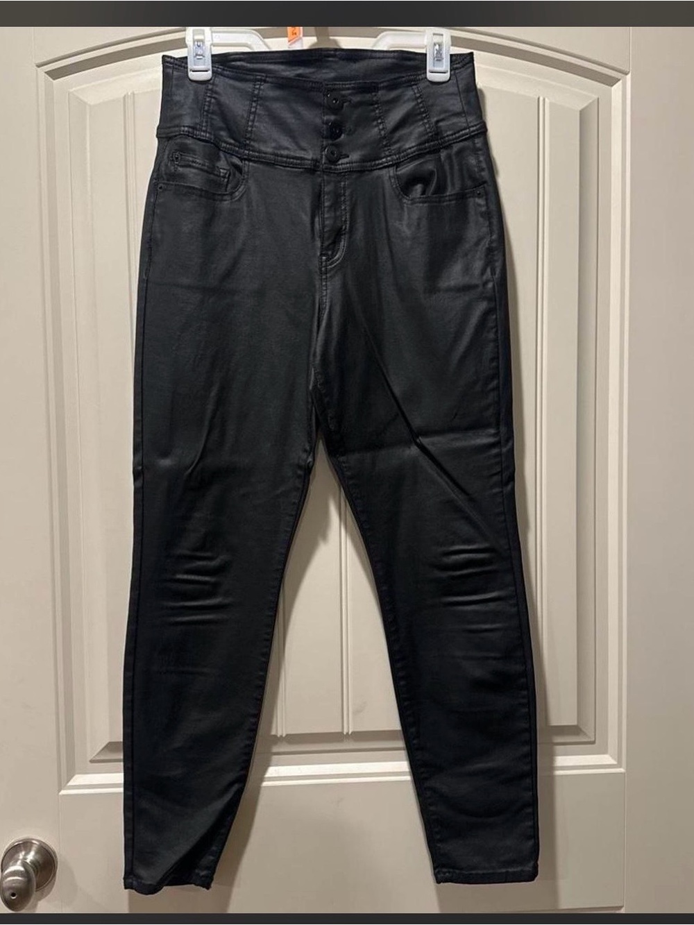 Faux Leather High-Waist Black Jeans